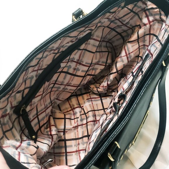 Nine West Black Satchel Handbag Purse Grommets Double Strap Bottom Stud 10" - Picture 3 of 9